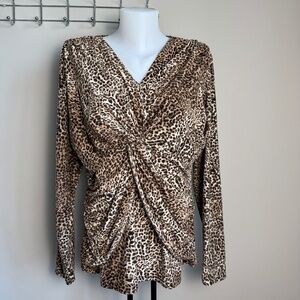 Milano Women's Long Sleeve‎ Pullover Leopard Print Ruched Blouse X-Large Stretch